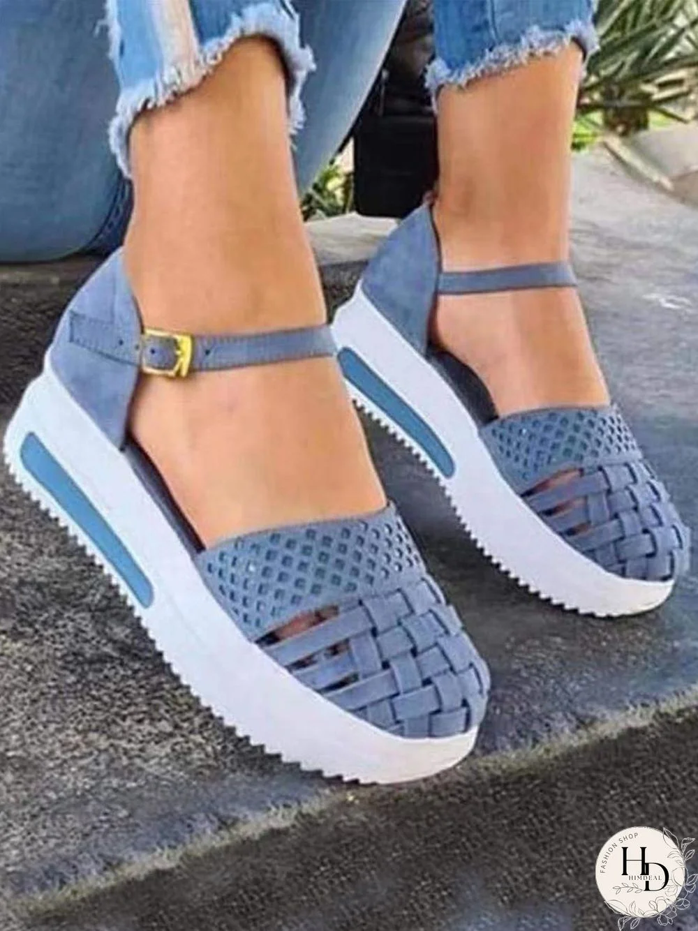 Braided Breathable Cutout Toe Platform Buckle Sandals