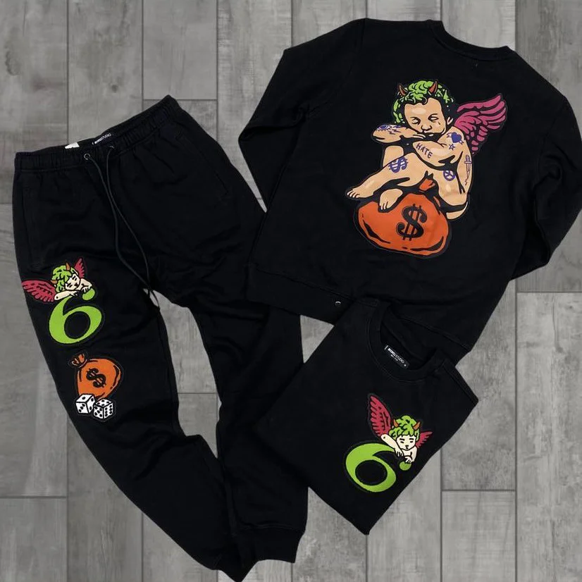 Fashion angel print crew neck sweatshirt set