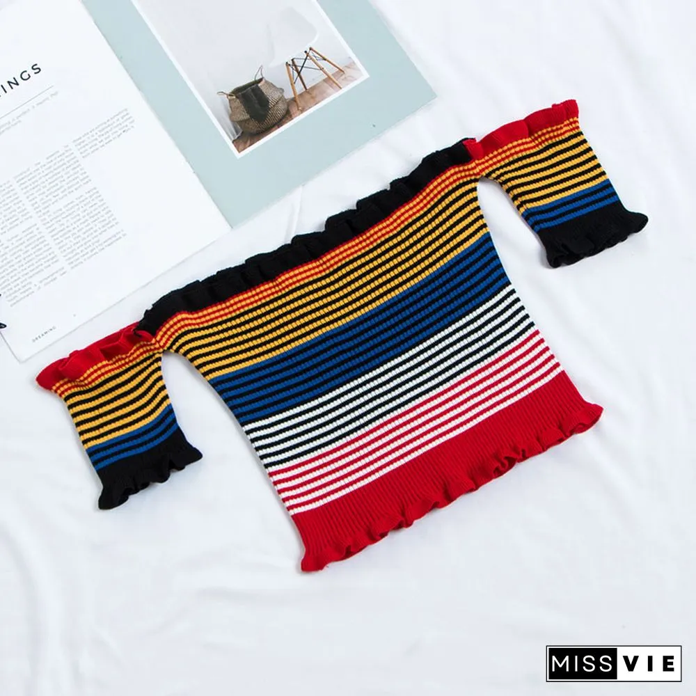 Heliar Women Rainbow Stripes Tops Female Off Shoulder Tops Women's Clothing Ruffles Hem Tees Lady Sexy Tops For Women T-Shirts