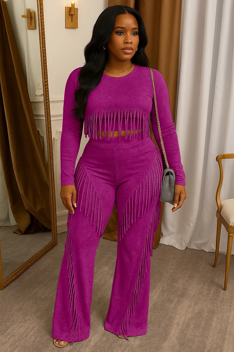 Fringe Decor Long Sleeve Crop Top Wide Leg Pants 2pcs Set-Gray [Pre Order]