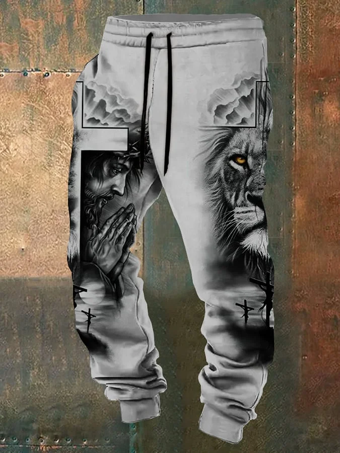Men's Western Faith Cross Print Casual Loose Trousers
