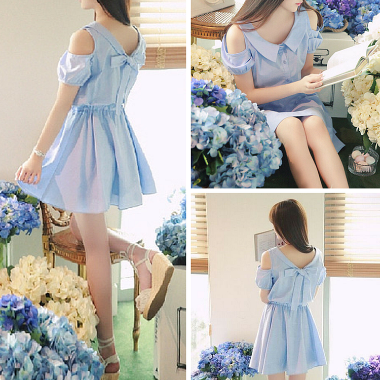 S-XL Light Blue Kawaii Preppy Style Off Shoulder Dress SP166090