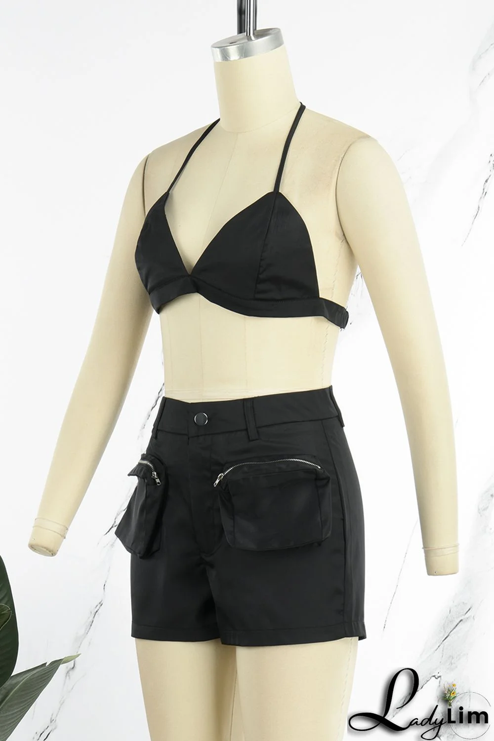 Olive Green Sexy Street Solid Patchwork Pocket Backless Sleeveless Two Pieces