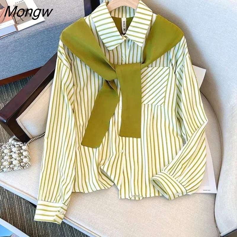 Mongw Pockets Patchwork Single Breasted Polo-Neck Vertical Stripes Print Fake Two Long Sleeve Shirt Autumn Casual Loose Blouse