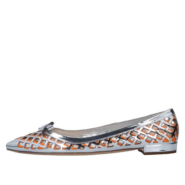 Silver and Orange Hollow out Pointy Toe Flats with Bow |FSJ Shoes