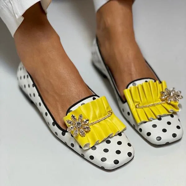 Polka Dot Print Square Toe Slip-On Flats