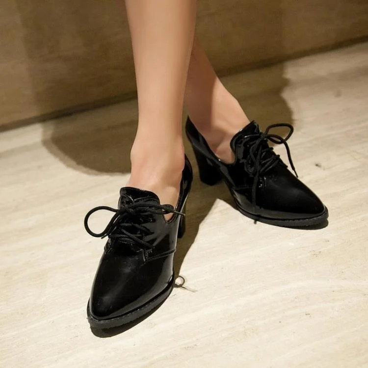 Black Patent Leather Lace up Oxford Chunky Heel Vintage Shoes Vdcoo