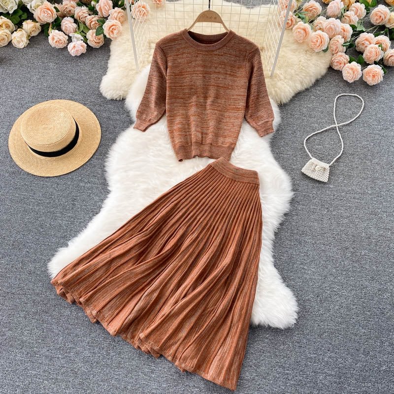 Autumn Elegant Women Bright Silk Knitted Two Piece Set New Fashion Half Sleeve Tops + Pleated Skirt Ladies Solid Casual Suit