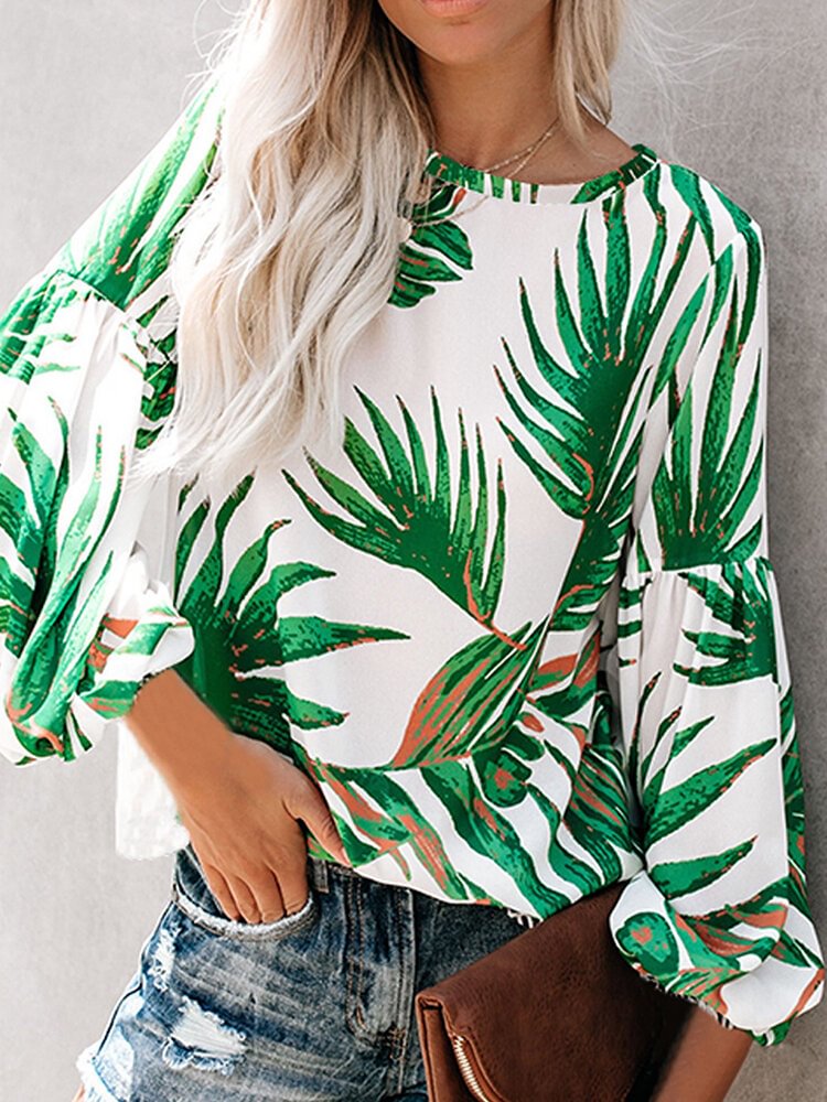 Casual Floral Printed Round Neck Long Sleeve Loose Blouse P1744504