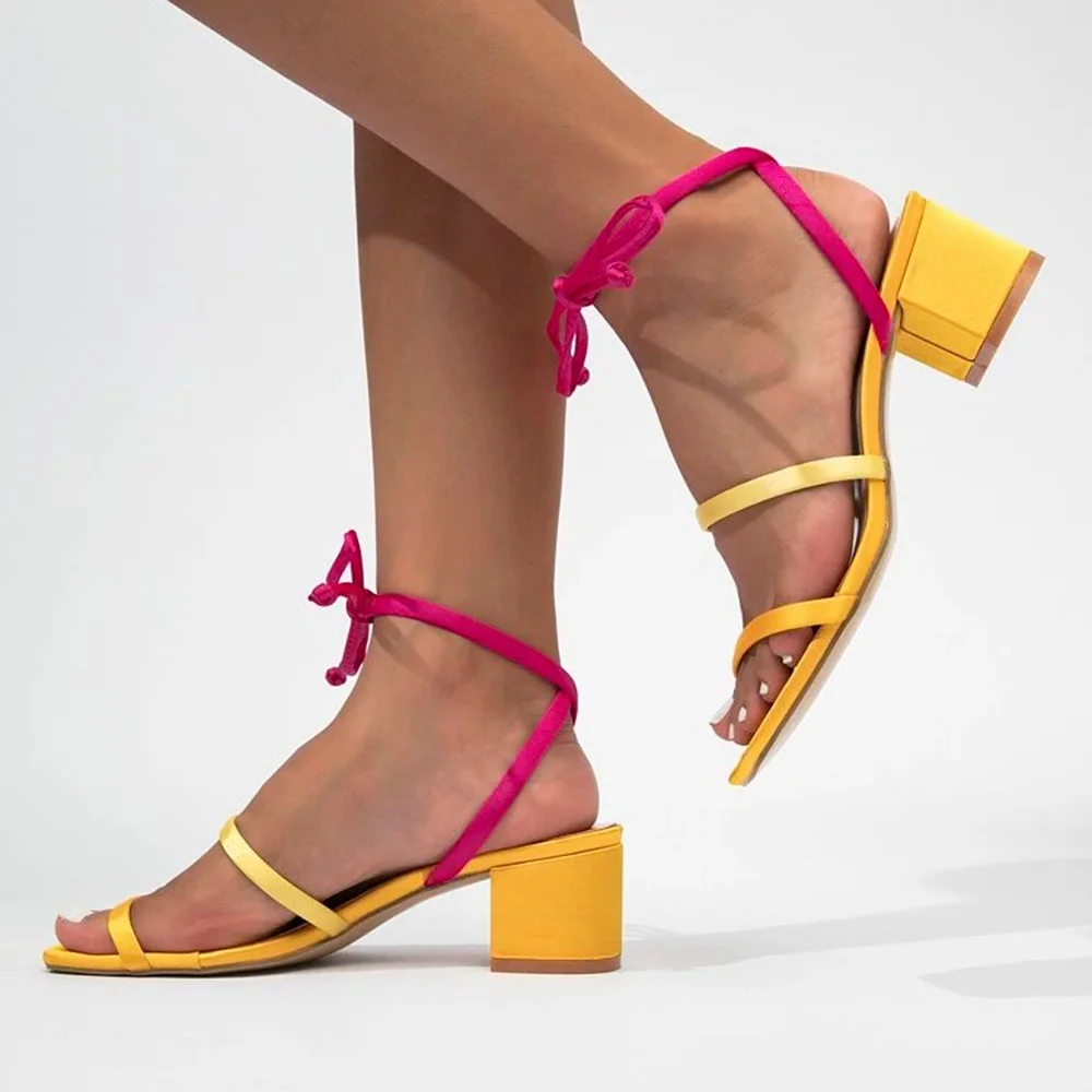 Pink & Yellow Satin Opened Square Toe Strappy Sandals With Chunky Heels Nicepairs