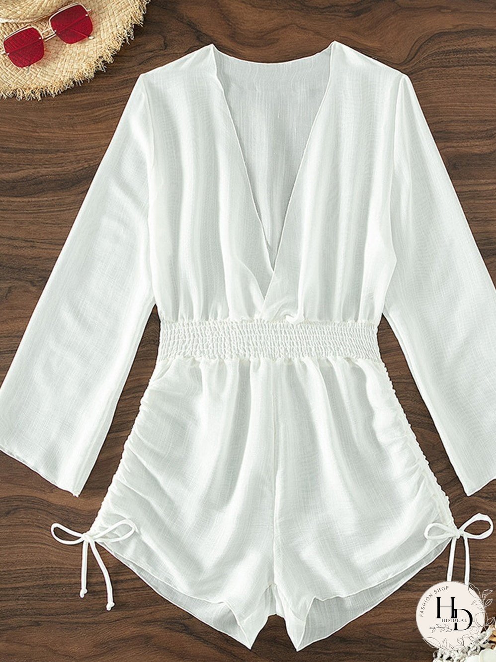 White V-Neck Smocked Waist Long Sleeve Beach Romper