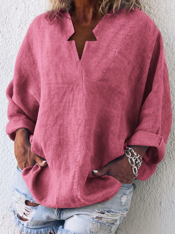 Casual Long Sleeve Cotton-Blend Plain Blouses