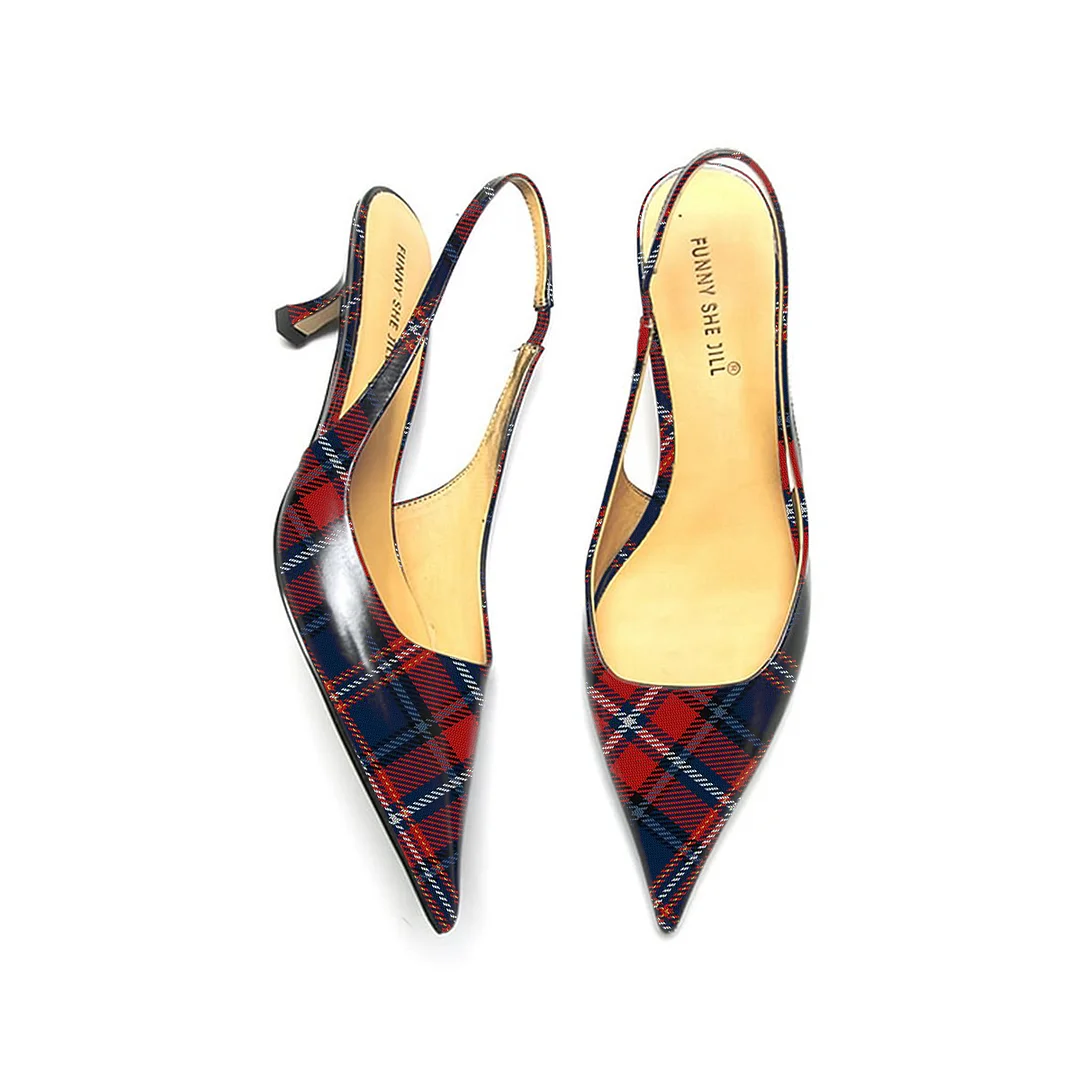 Red Plaid Patent Leather Pointed Toe Elegant Kitten Heel