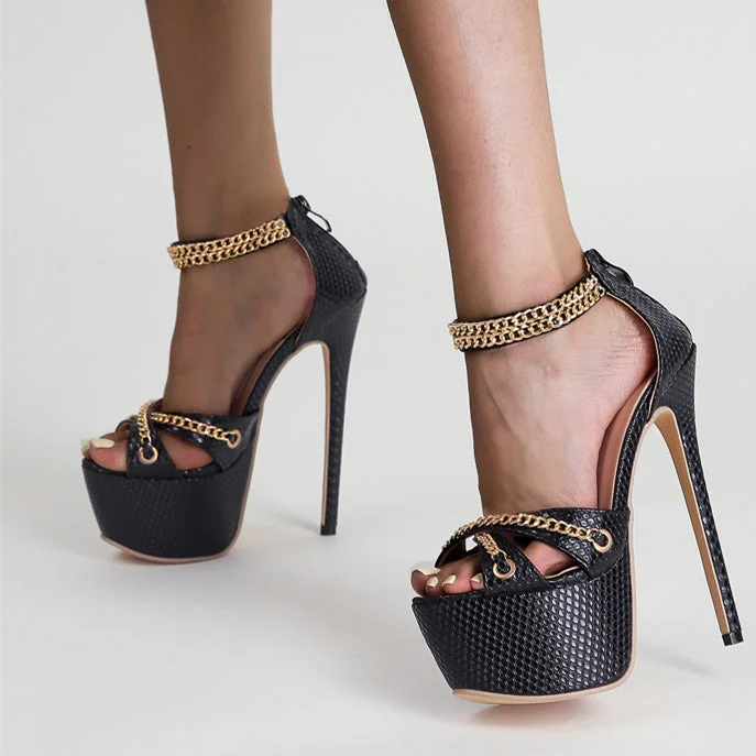  Women Sandals High Heels Metal Chain Buckle Platform Heeled Party Shoes Big Size 42 New Fashion Dress Sandalias