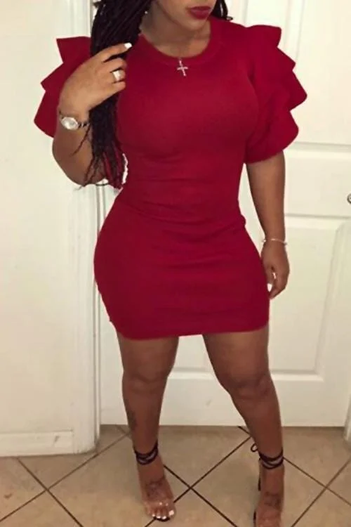 Sexy Ruffle Sleeves Wine Red Knee Length Dress