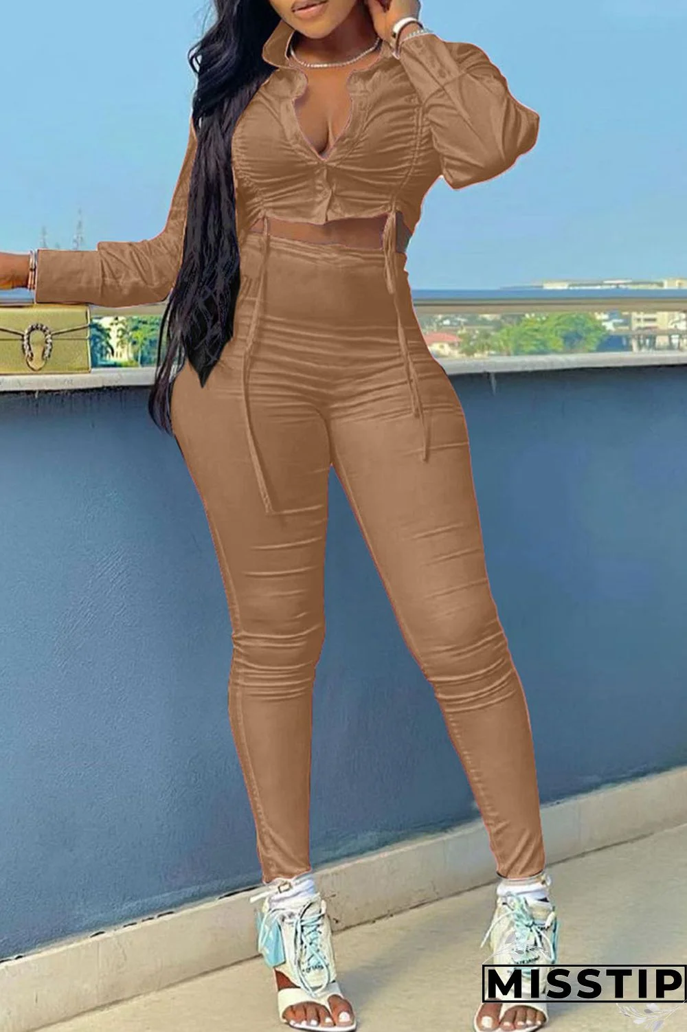 Coffee Sexy Solid Patchwork Buckle Fold O Neck Long Sleeve Two Pieces