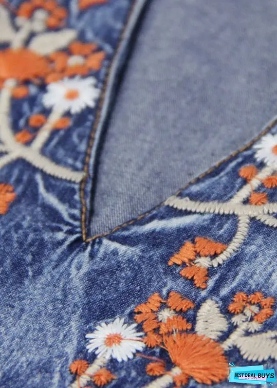 Unique Blue V Neck Ruffled Cinched Embroideried Cotton Denim Dresses Short Sleeve