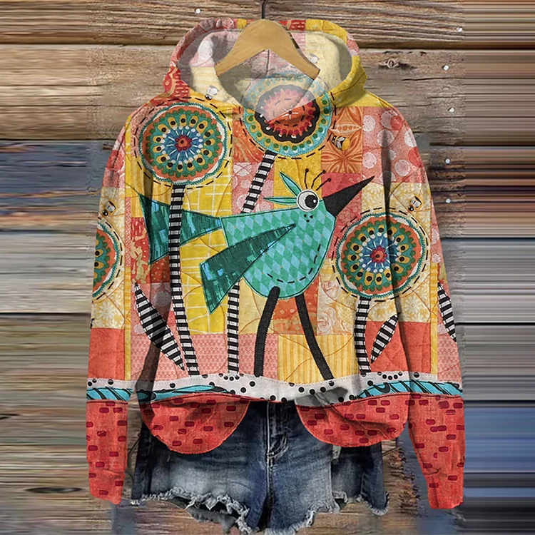 Utbros Colorful Bird And Plant Print Casual Hoodie