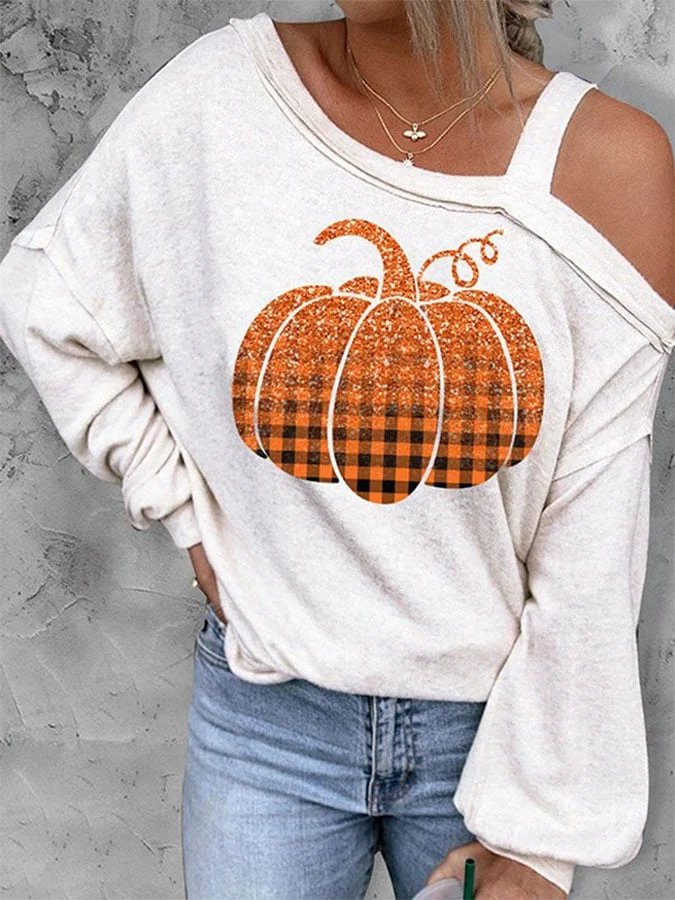 Trendy Print Slanted Shoulder Long Sleeve Top