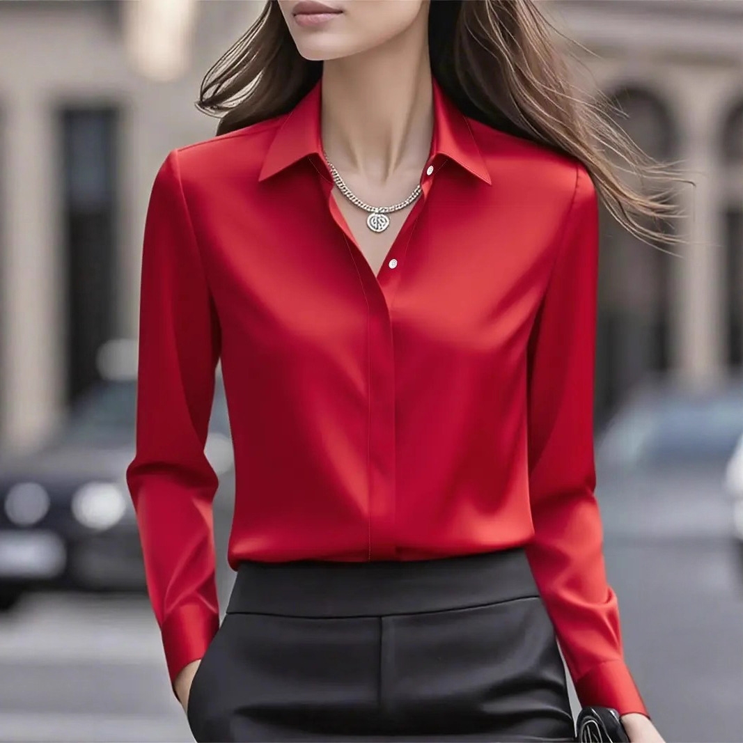 Satin Button-Down Long Sleeve Blouse