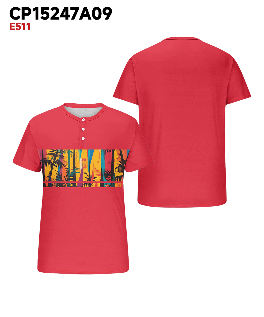 Men's Plus Size Hawaiian Red Coconut Tree Print Henry Collar Button Short Sleeve Tee