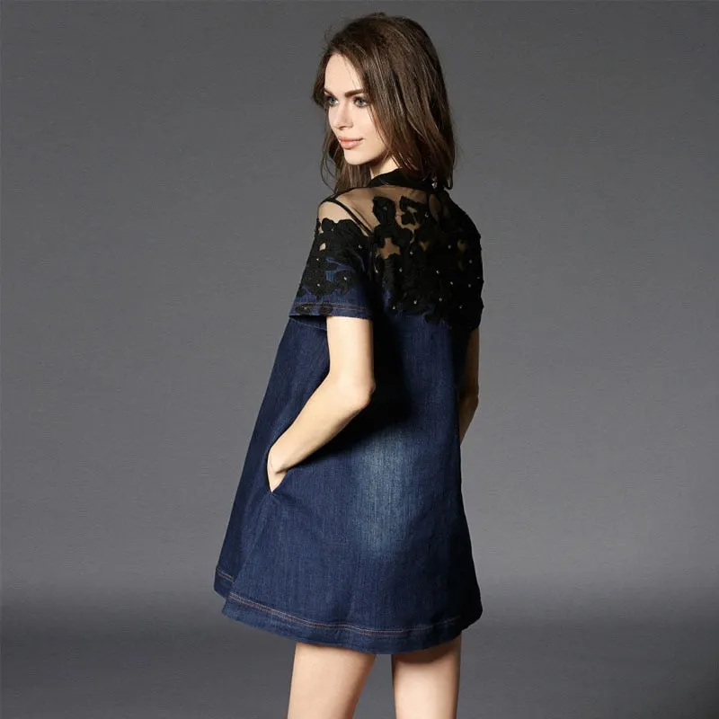 Thin Cotton Short Sleeved Summer Spring Slim Pure Color Navy Blue Women Dress 2021 New Female Fashion Europe Denim Dress 178B