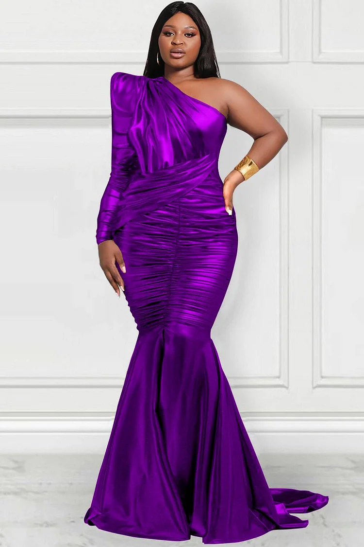 Xpluswear Design Plus Size Gold Formal One Shoulder Long Sleeve Metallic Glitter Sheen Fold Mermaid Maxi Dresses