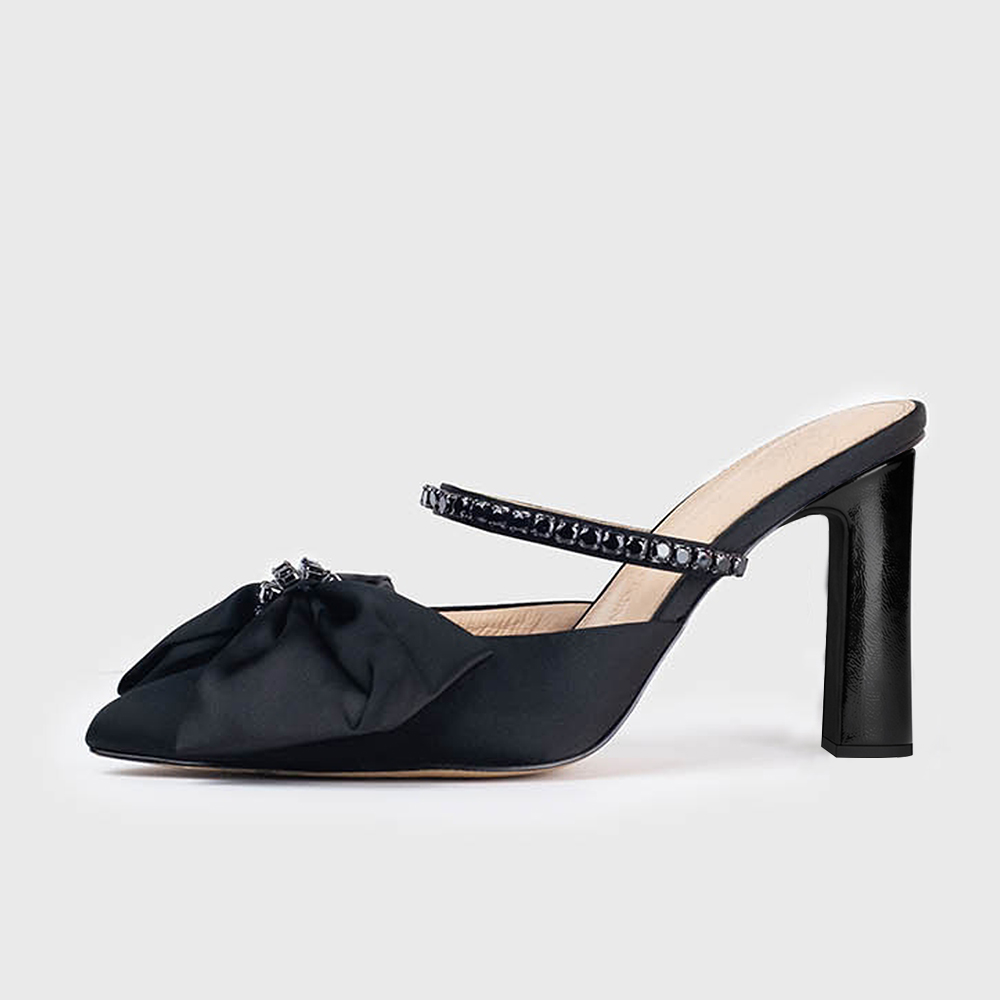 Black Satin Pointed Toe 4'' Chunky Heel Mules with Bow Nicepairs