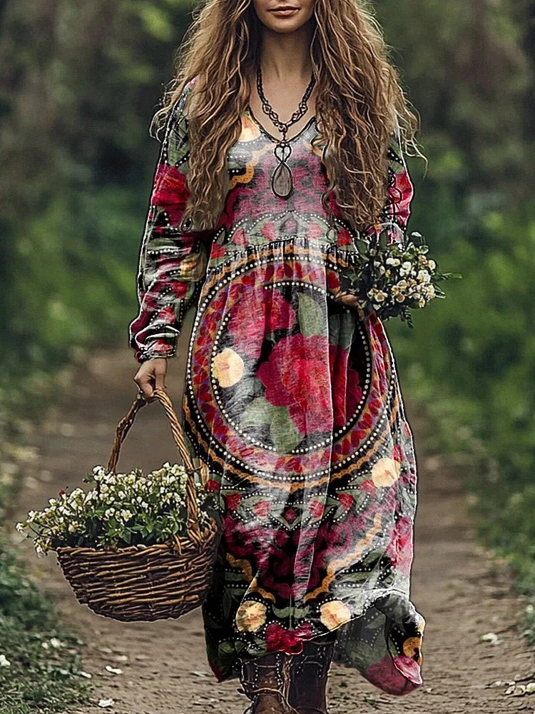 Women's Ethnic Retro Floral Pattern Art Print Pocket Cotton V-neck Long Sleeve Dress