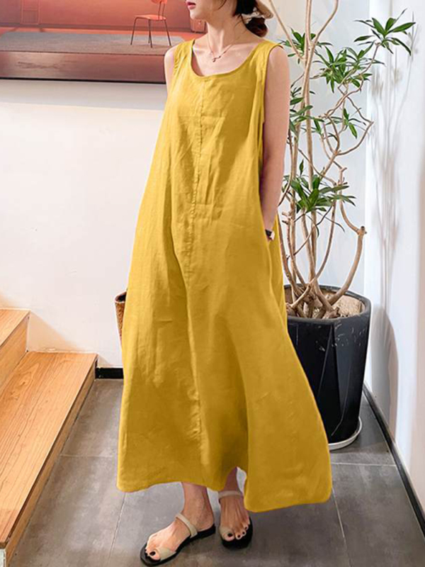 Mature Women Summer Cotton Linen Loose Pocket Round Neck Temperament Sleeveless Maxi Dress