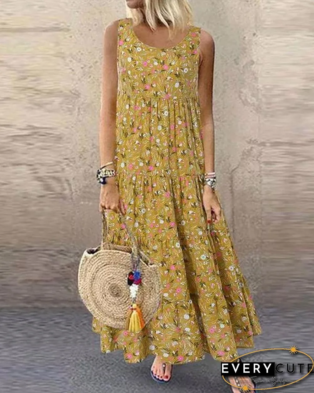 Retro Floral Cotton Maxi Dress