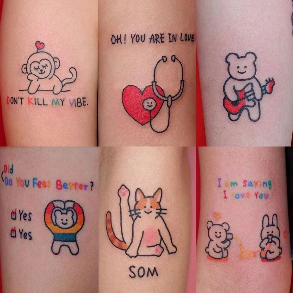 37PCS Cartoon Black Waterproof Fake Tattoo Stickers For Women Men Body Art Temporary Tatto Colorful Decals