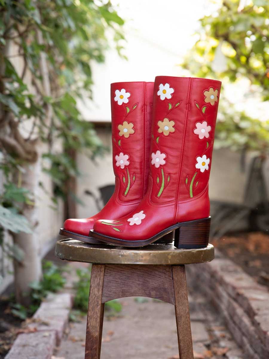 Red Vegan Leather Floral Patchwork Inlay Wide Calf Knee High Boots With Chunky Heel
