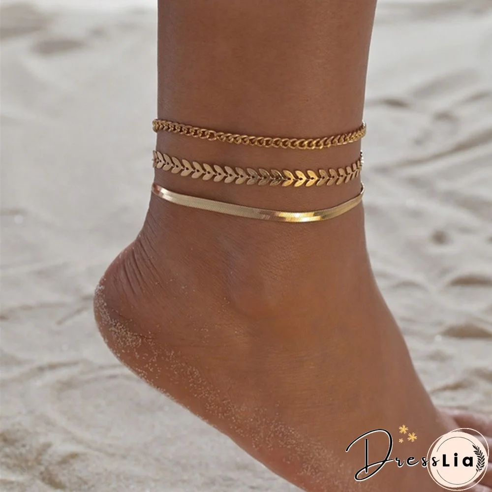 3Pcs Vintage Boho Minimalist Leaves Anklets Ladies Beach Party Ankle Bracelet