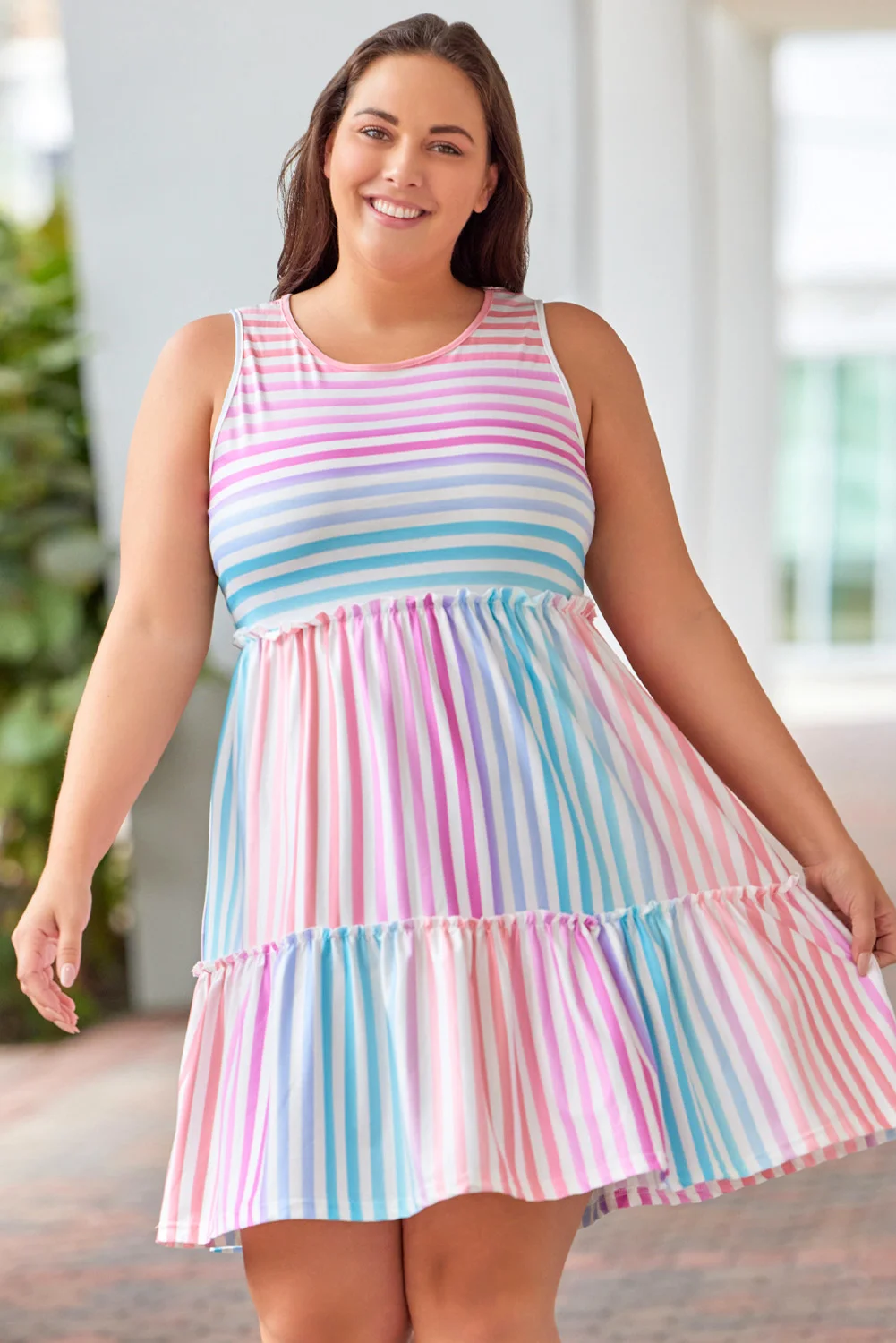 Multicolor Ombre Striped Sleeveless Tiered Plus Size Dress | IFYHOME