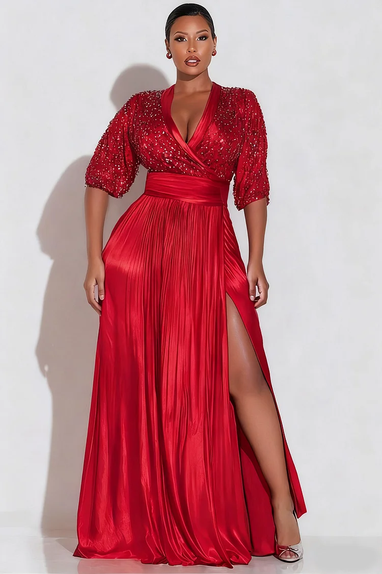 Xpluswear Design Plus Size Formal Satin Red Wrap Neck Puff Sleeve Half Sleeve Split Elegant Contrast Sequin Maxi Dresses 2024 - Xpluswear