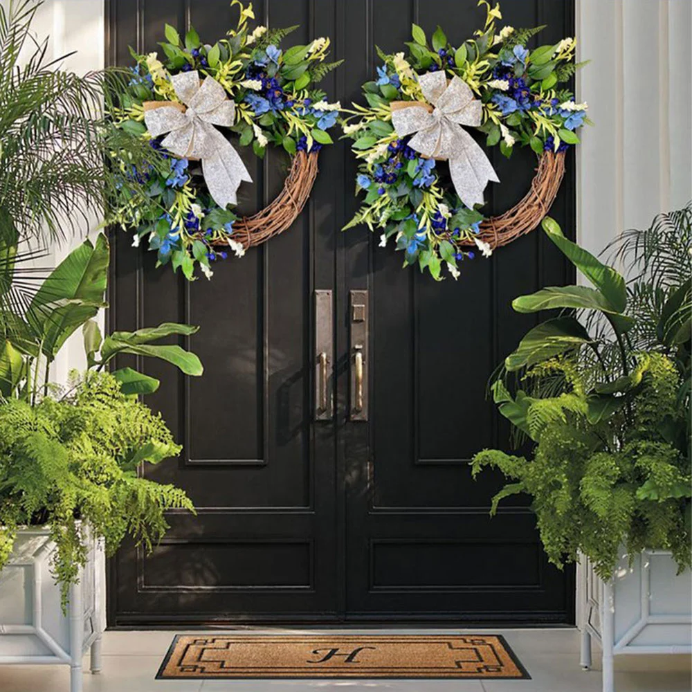 Spring Natural Rattan Bow Blue Holiday Wreath Ornament