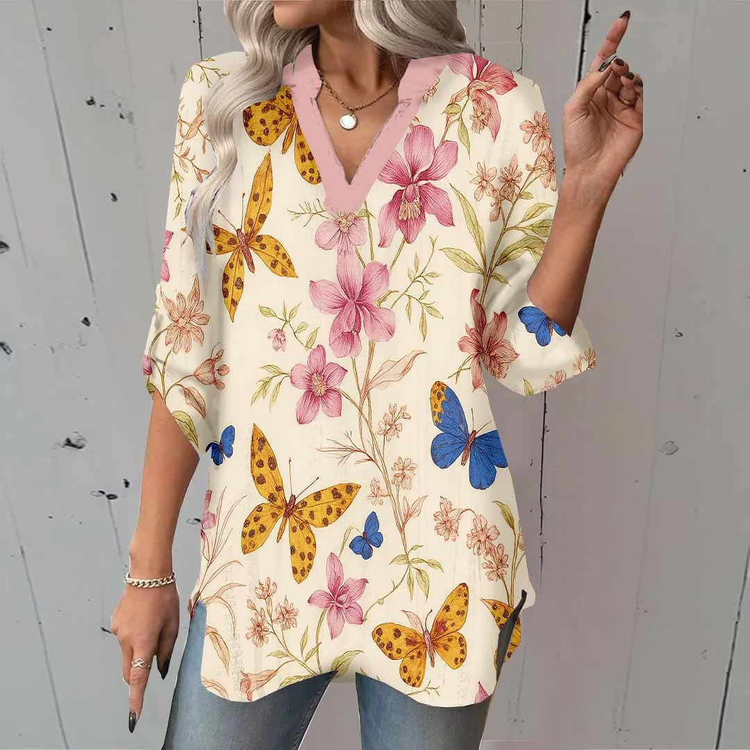 Women Butterfly, Floral, Yellow DZGA0199 3/4 Sleeve V-neck Printed Graphic Button Tops