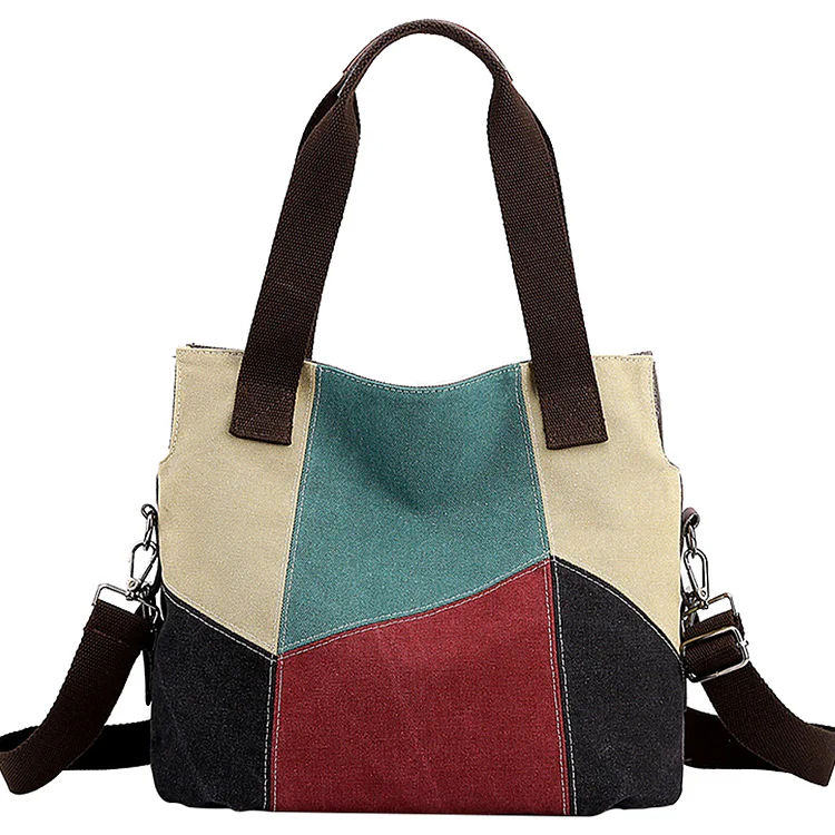 Canvas Shoulder Bag Multi-Pockets Lady Shopping Bag Contrast Stitching for Work-Annaletters