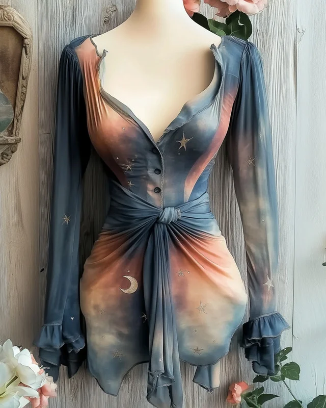 Hand-dyed rainbow shirt with moon and star embroidery dB60
