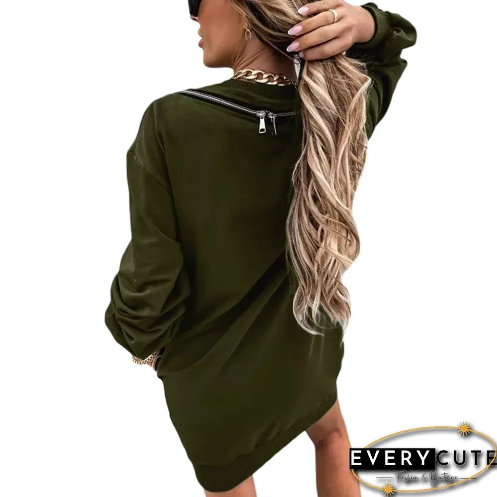 Army Green Zipper Shoulder Long Sleeve Casual Dress