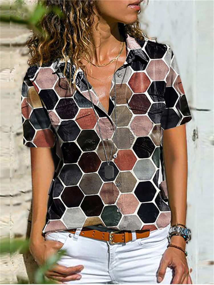 Geometric Art Flap Pocket Short Sleeve Blouse wearshes