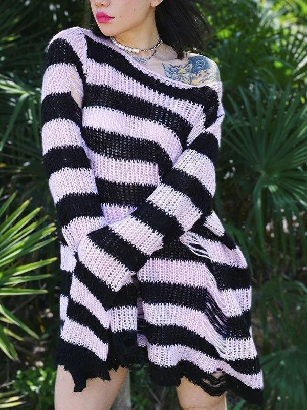 Brownm Distressed Stripe Longline Sweater