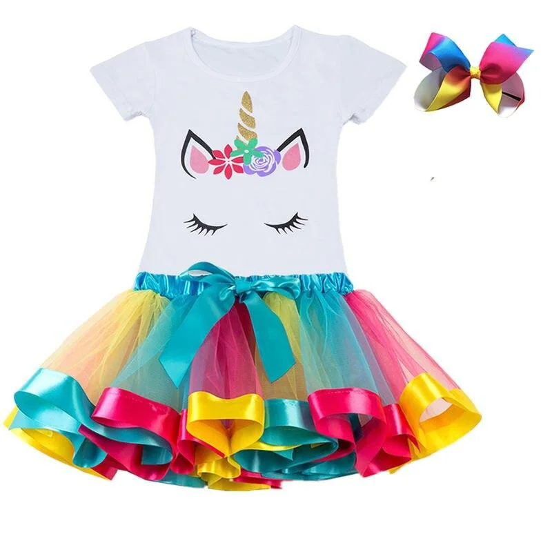 3 4 5 6 7 8Y Unicorn Clothing Sets for Girls Outfits 2pcs New Summer T-shirt+Print Bow Skirt for Kids Clothing Sets Baby Clothes