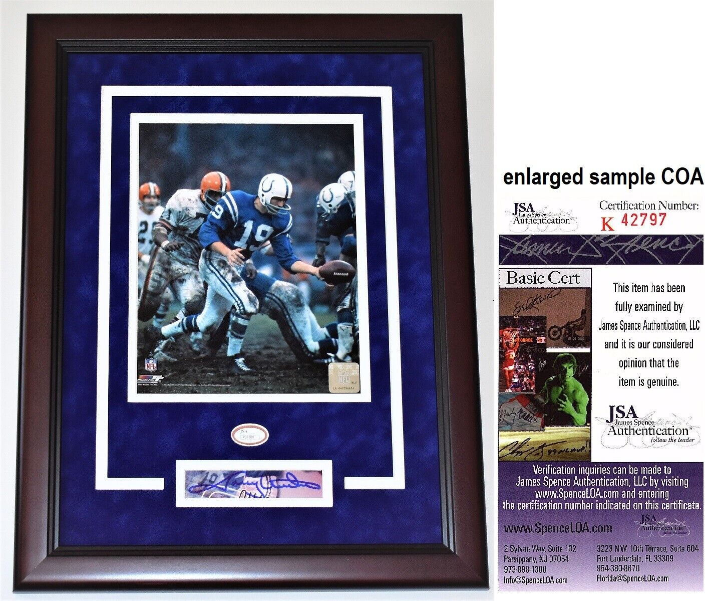 Johnny Unitas Signed Autographed Cut + Colts 8x10 Photo Poster painting Mahogany FRAME + JSA COA