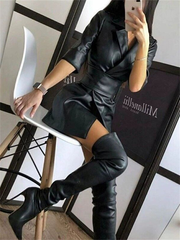 Street Hipster Solid Color Pu Leather Suit Collar Mid-Length Sleeve Seven Sleeve Women's Dress Leather Jacket Including Belt