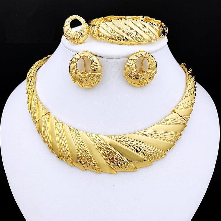 African Gold Color Jewelry Sets Dubai women Pattern Necklace Eyelet Earrings Charm Bracelet  Wedding Party GIft