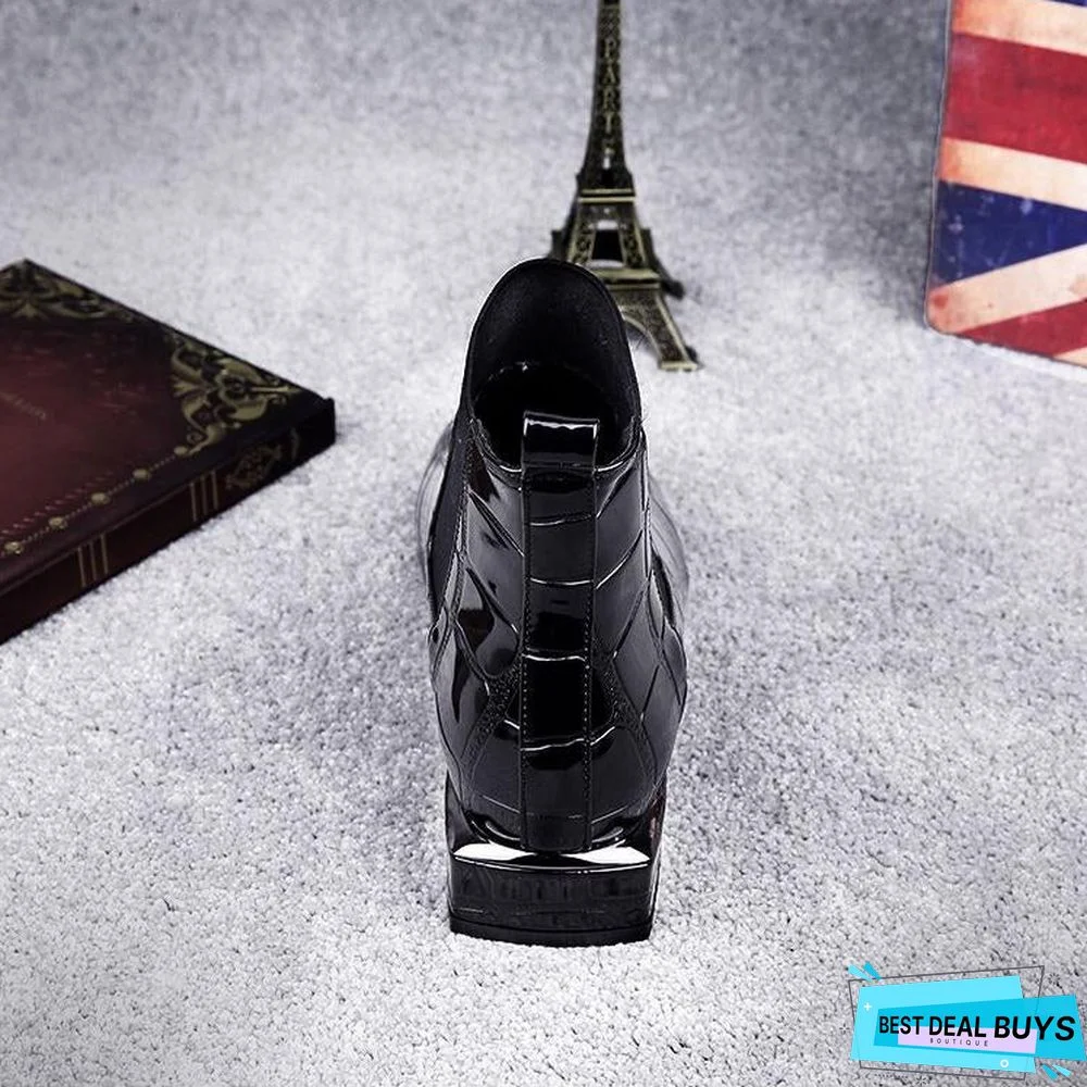 Chic Women Boots Shiny Pu Leather Autumn Winter Shoes Woman Square Toe Block Heels Ankle Boots