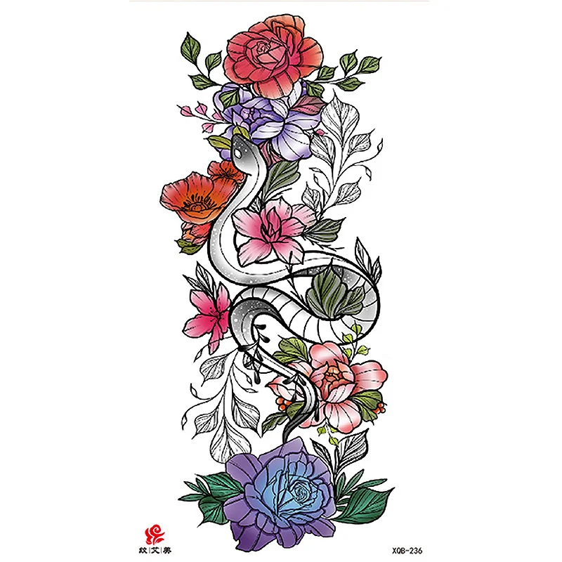Sdrawing Temporary Tattoo Sticker Flash Tattoos Skull Snake Wolf Blue Pink Rose Flowers Body Art Arm Fake Sleeve Tatoo Women