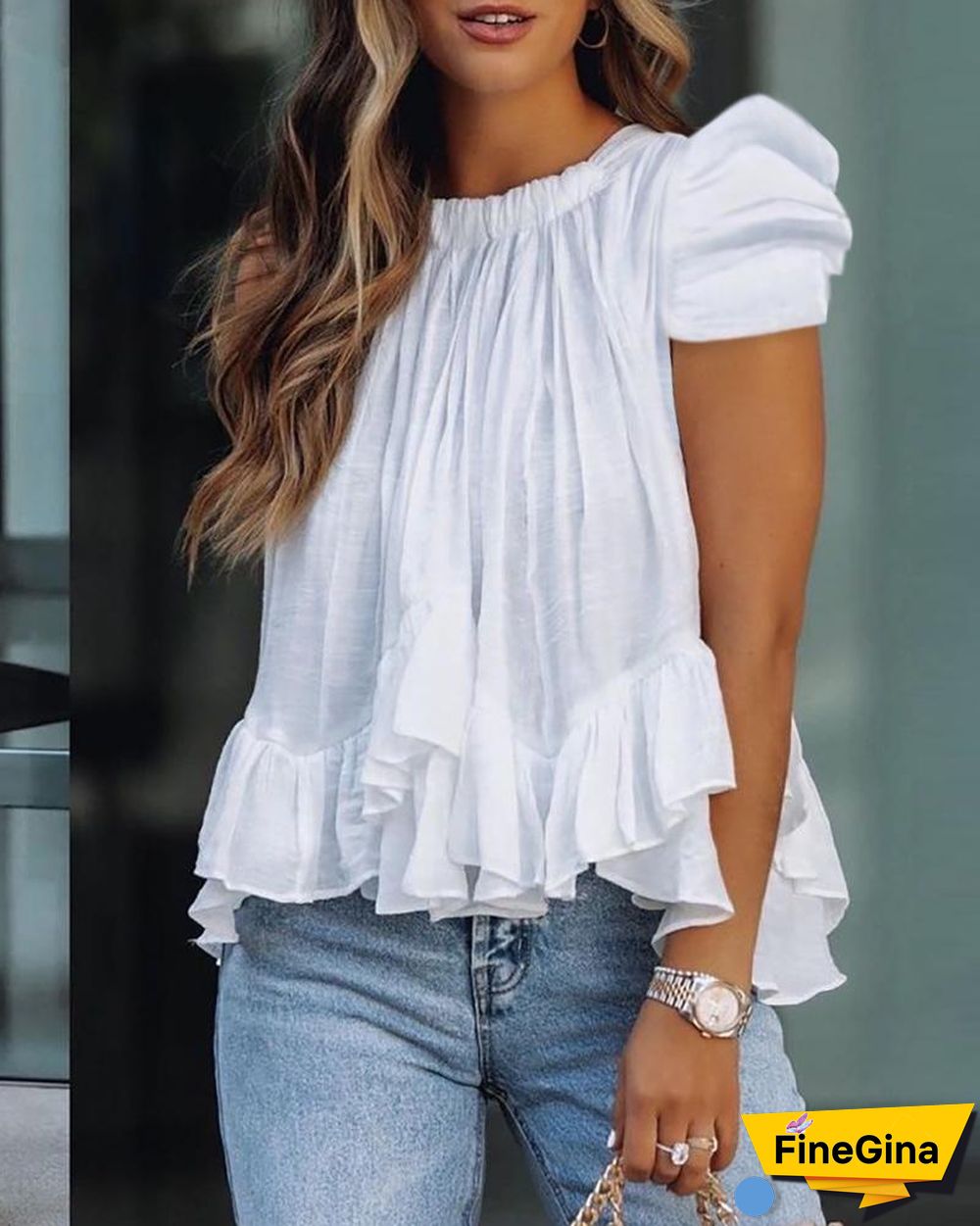 Puff Sleeve Ruffle Hem Ruched Top P14303